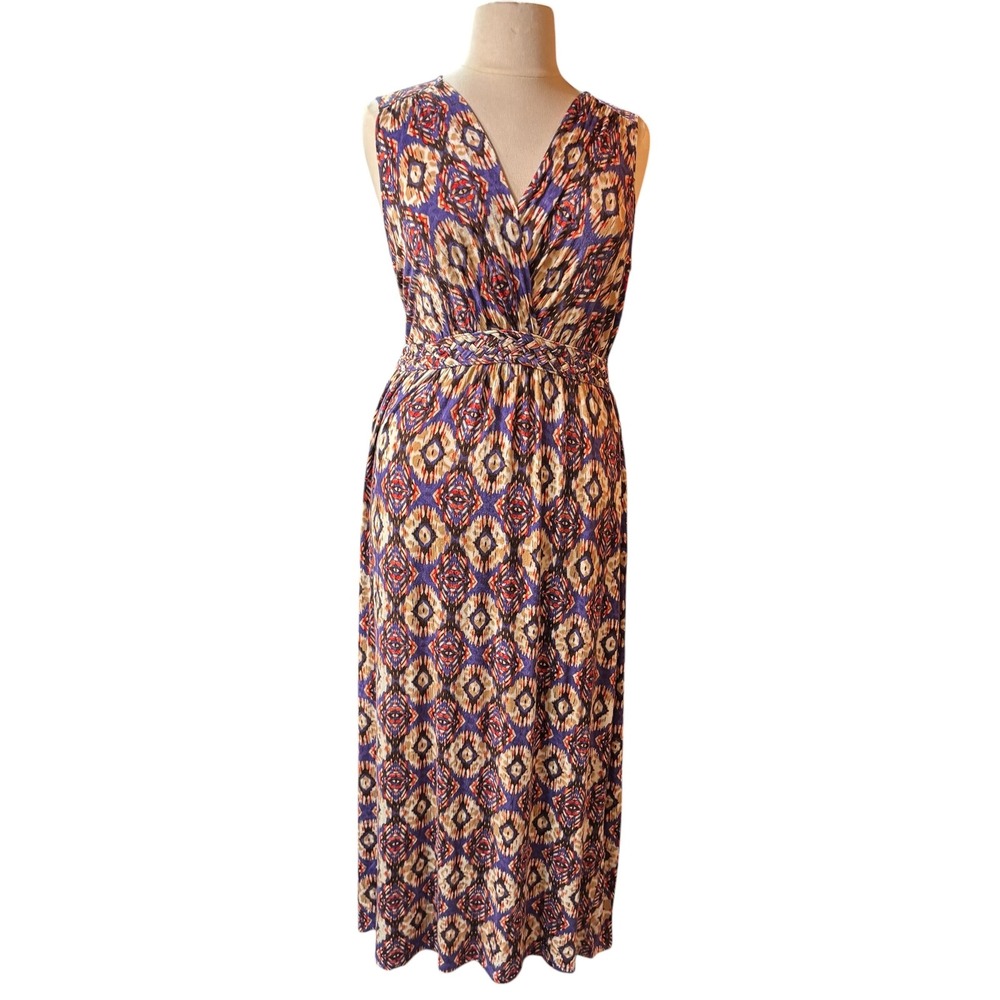 Spense Woman‎ Purple Ikat Geometric Braid Waist Sleeveless Maxi Dress 1X #1025
